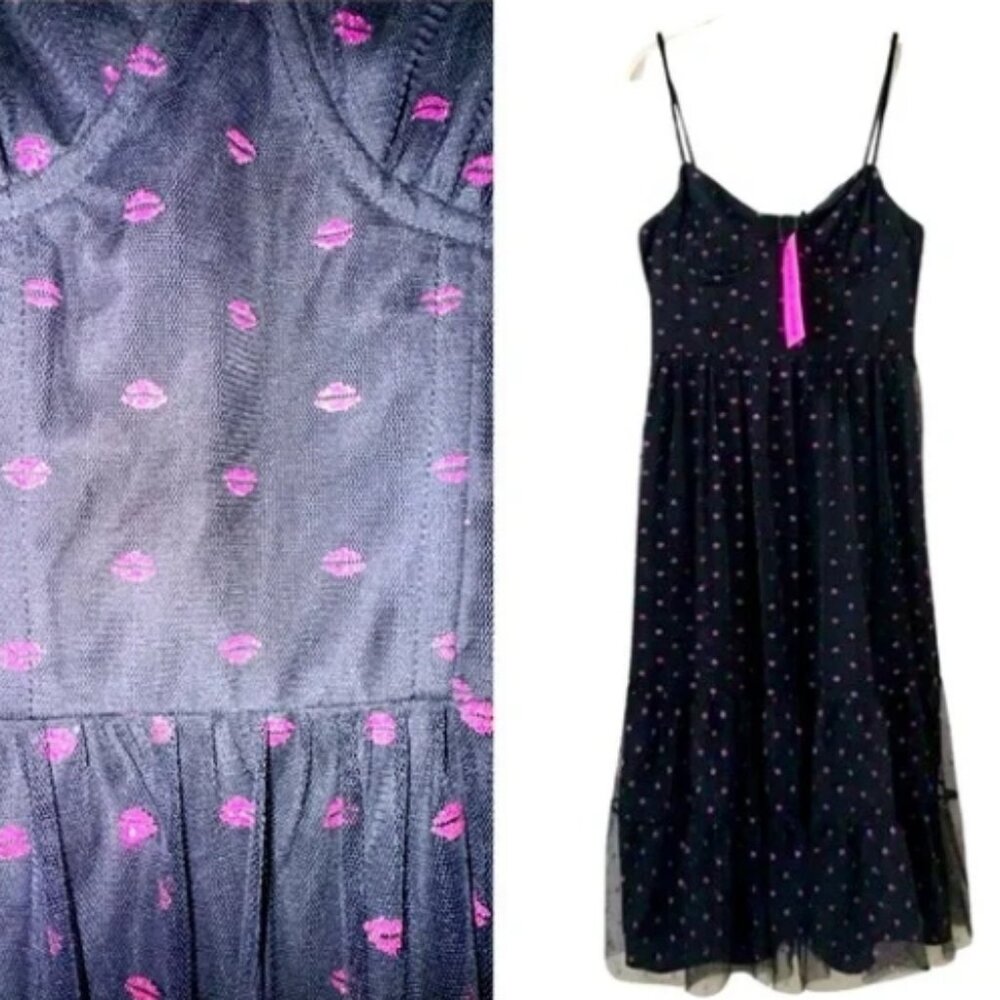 Betsey Johnson Glitter Lip Kisses Print Corset Midi Dress Black Mesh 8 NWT